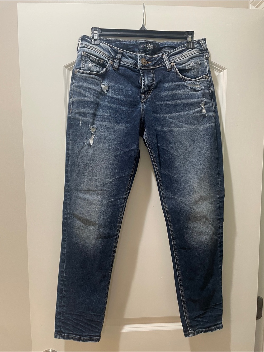 Silver Jeans Women's Distressed Dark Blue Boyfriend Jeans